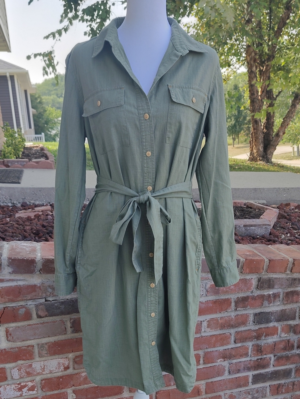 L.L. Bean Signature Olive Green Button-Front Midi Shirt Dress